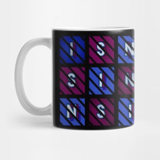 Sin - white letters in blue and red boxes, diagonal striped frame Mug